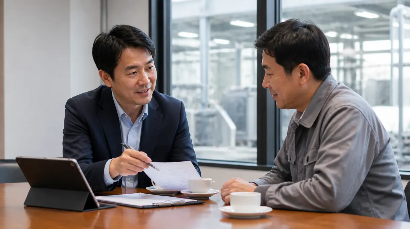 컨설턴트가 공장 담당자와 마주 앉아 상담하는 모습