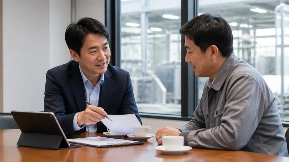 컨설턴트가 공장 담당자와 마주 앉아 견적을 설명하는 모습